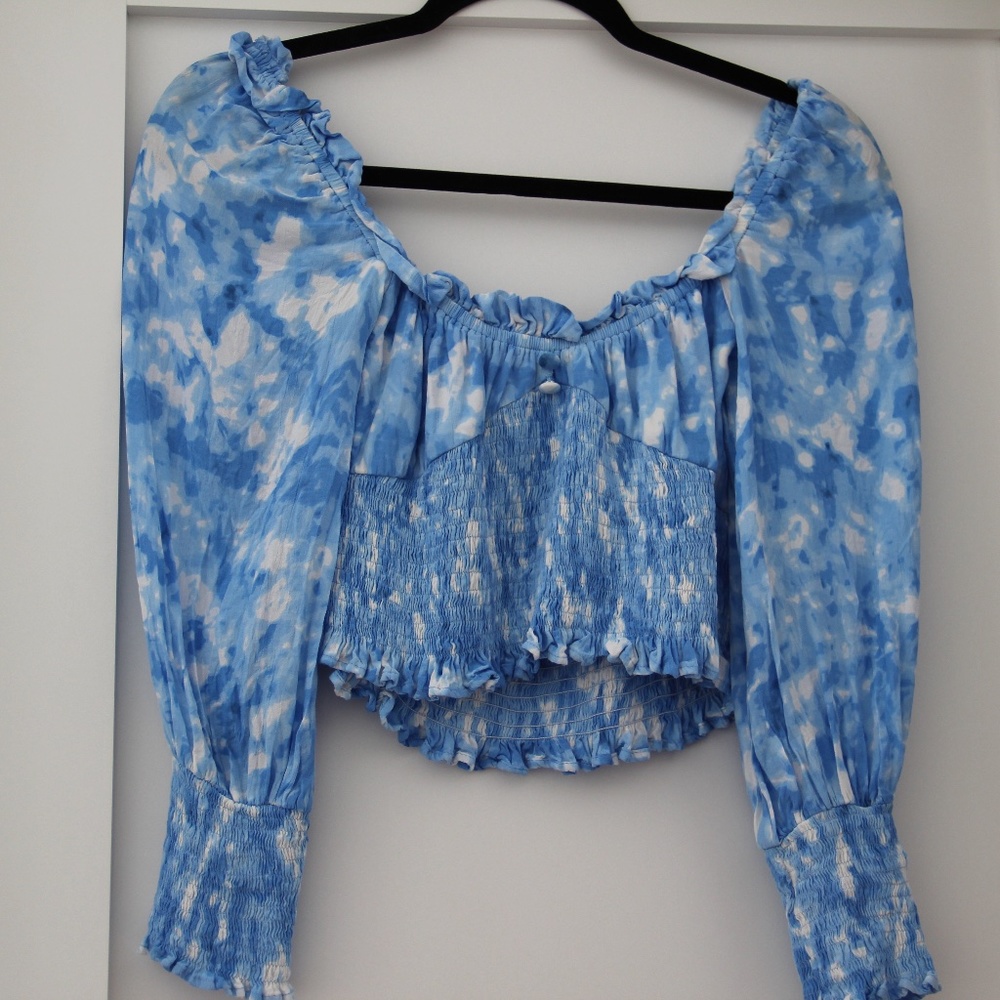 Faithful the Brand blue and white ruffle crop top